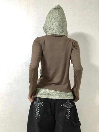 Hoodie Button Color Block Slim Fit Long Sleeve T-shirt
