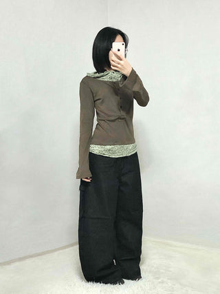Hoodie Button Color Block Slim Fit Long Sleeve T-shirt