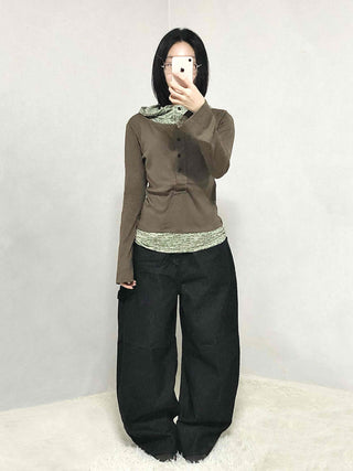 Hoodie Button Color Block Slim Fit Long Sleeve T-shirt