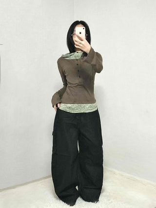 Hoodie Button Color Block Slim Fit Long Sleeve T-shirt