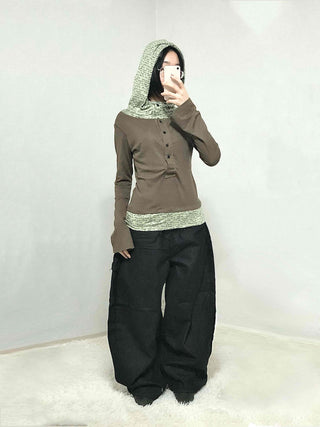 Hoodie Button Color Block Slim Fit Long Sleeve T-shirt