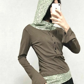 Hoodie Button Color Block Slim Fit Long Sleeve T-shirt