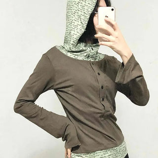Hoodie Button Color Block Slim Fit Long Sleeve T-shirt