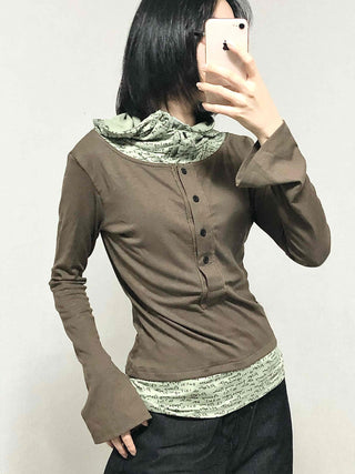 Hoodie Button Color Block Slim Fit Long Sleeve T-shirt