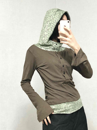 Hoodie Button Color Block Slim Fit Long Sleeve T-shirt