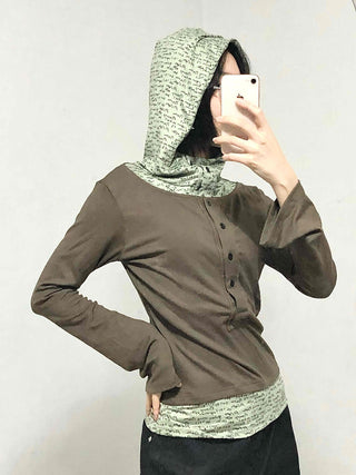 Hoodie Button Color Block Slim Fit Long Sleeve T-shirt