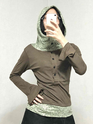 Hoodie Button Color Block Slim Fit Long Sleeve T-shirt