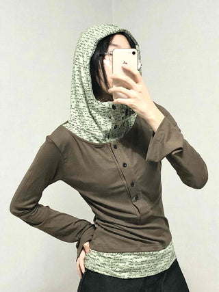 Hoodie Button Color Block Slim Fit Long Sleeve T-shirt