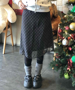 Check Pattern Chiffon Flare Midi Skirt