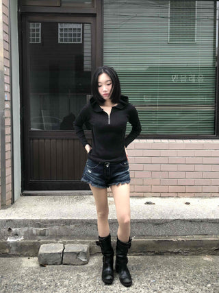 Slim Fit Half Zipper Cropped Long Sleeve Hoodie