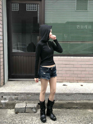 Slim Fit Half Zipper Cropped Long Sleeve Hoodie