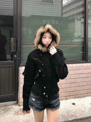 Suede Bold Button Shearling Zip-Up Jumper