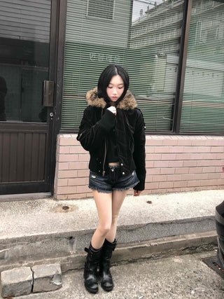 Suede Bold Button Shearling Zip-Up Jumper