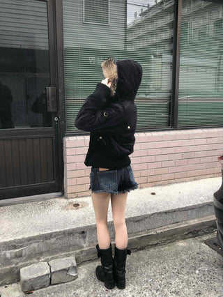 Suede Bold Button Shearling Zip-Up Jumper