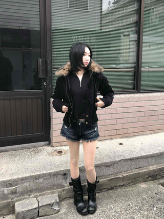 Suede Bold Button Shearling Zip-Up Jumper