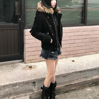 Suede Bold Button Shearling Zip-Up Jumper