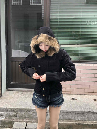 Suede Bold Button Shearling Zip-Up Jumper