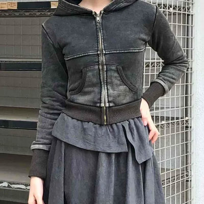 Vintage Washed Stitch Cutout Cropped Zip-Up Hoodie