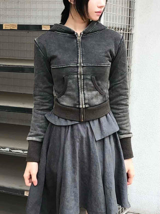 Vintage Washed Stitch Cutout Cropped Zip-Up Hoodie