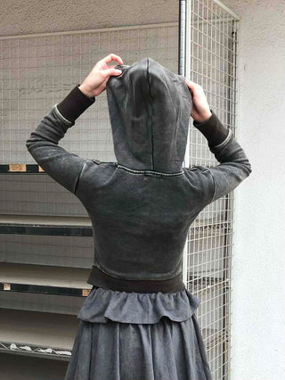 Vintage Washed Stitch Cutout Cropped Zip-Up Hoodie