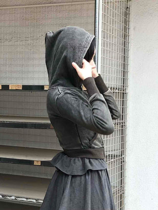 Vintage Washed Stitch Cutout Cropped Zip-Up Hoodie