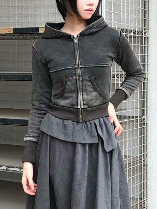 Vintage Washed Stitch Cutout Cropped Zip-Up Hoodie