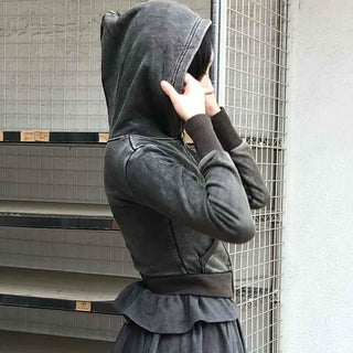 Vintage Washed Stitch Cutout Cropped Zip-Up Hoodie