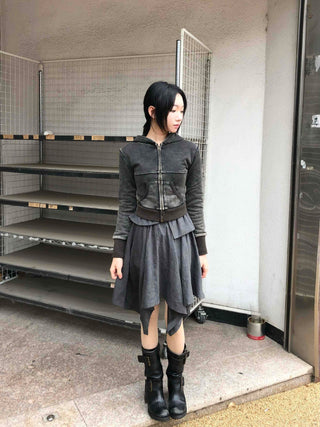 Vintage Washed Stitch Cutout Cropped Zip-Up Hoodie