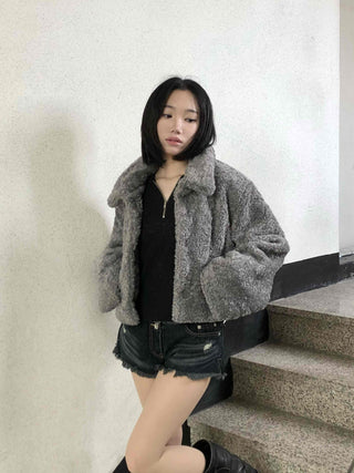 Teddy Fur Zip-up Crop Fur Jumper