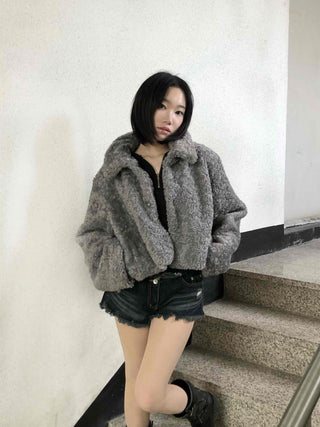 Teddy Fur Zip-up Crop Fur Jumper