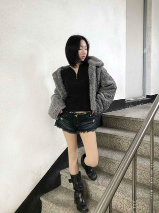 Teddy Fur Zip-up Crop Fur Jumper