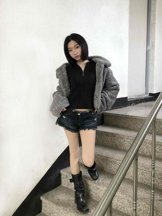 Teddy Fur Zip-up Crop Fur Jumper