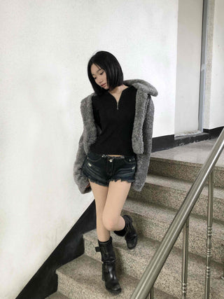 Teddy Fur Zip-up Crop Fur Jumper