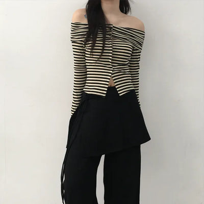 Ramo Striped Off-Shoulder Button Long Sleeve T-shirt