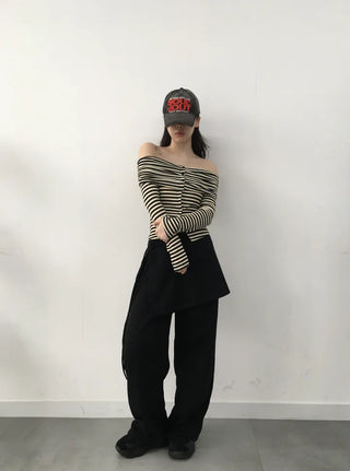 Ramo Striped Off-Shoulder Button Long Sleeve T-shirt