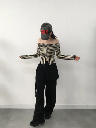 Ramo Striped Off-Shoulder Button Long Sleeve T-shirt