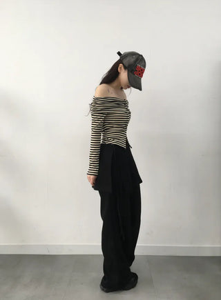 Ramo Striped Off-Shoulder Button Long Sleeve T-shirt