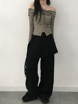 Ramo Striped Off-Shoulder Button Long Sleeve T-shirt