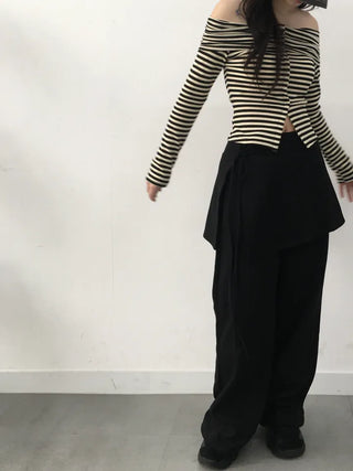 Ramo Striped Off-Shoulder Button Long Sleeve T-shirt