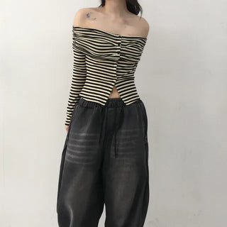 Ramo Striped Off-Shoulder Button Long Sleeve T-shirt