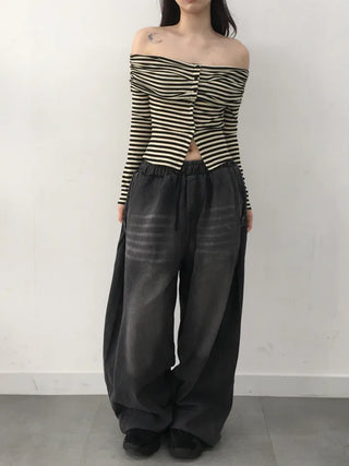 Ramo Striped Off-Shoulder Button Long Sleeve T-shirt