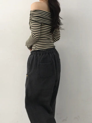 Ramo Striped Off-Shoulder Button Long Sleeve T-shirt