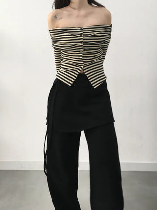 Ramo Striped Off-Shoulder Button Long Sleeve T-shirt