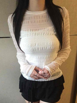 Soft Ribbed Frill Color Block Slim Fit Long Sleeve T-shirt
