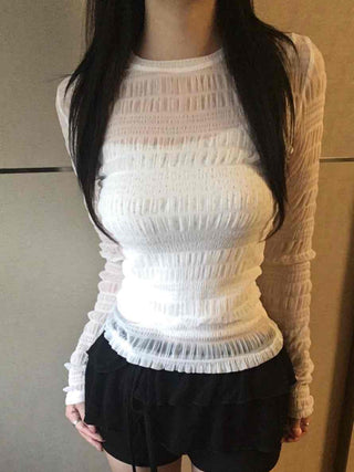 Soft Ribbed Frill Color Block Slim Fit Long Sleeve T-shirt