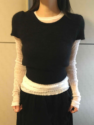 Soft Ribbed Frill Color Block Slim Fit Long Sleeve T-shirt