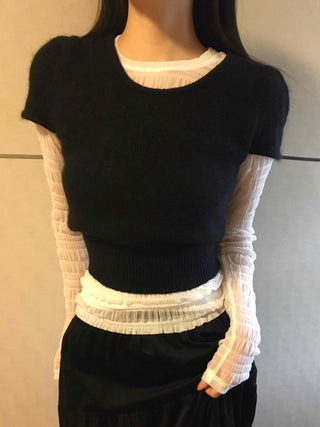 Soft Ribbed Frill Color Block Slim Fit Long Sleeve T-shirt