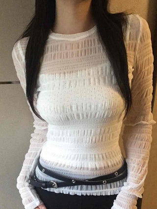 Soft Ribbed Frill Color Block Slim Fit Long Sleeve T-shirt