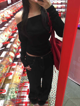 Sexy Shoulder Line One-Shoulder Boat Neck Long Sleeve T-Shirt