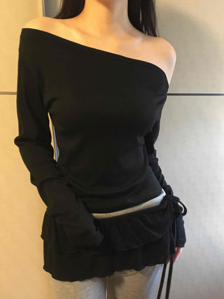 Sexy Shoulder Line One-Shoulder Boat Neck Long Sleeve T-Shirt